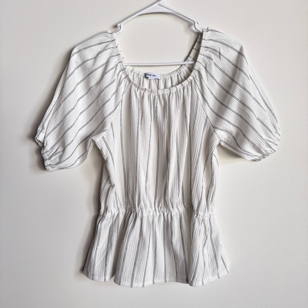 Nine West White Puff Sleeve Smocked Peplum Blouse